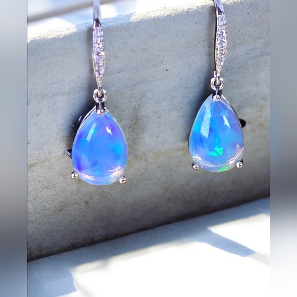 925 Sterling Earrings with Natural White Opal 7x10mm & CZ